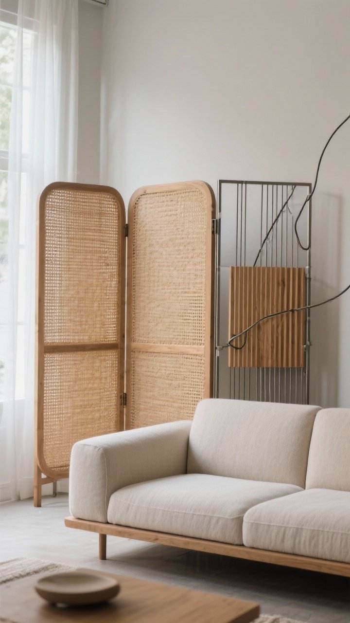 Medium shot of a folding screen as a backdrop behind the sofa: options shown in rattan for organic texture, upholstered panel for softness, and metal/wood slats for architectural lines. Cords neatly hidden behind. Neutral palette with tactile surfaces; diffused daylight; angled perspective to emphasize height and texture.
