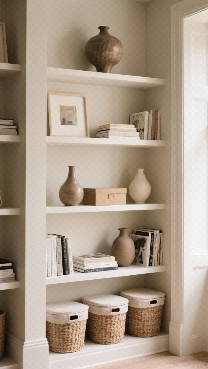 Medium shot of a full-height built-in column styled heavy-to-light: bottom shelves grounded with large lidded storage baskets and thick art books; mid-shelves with medium vases and boxes; upper shelves airy with delicate frames and smaller stacks. One statement object on the top shelf. Balanced visual weight, warm natural light, practical yet intentional composition.