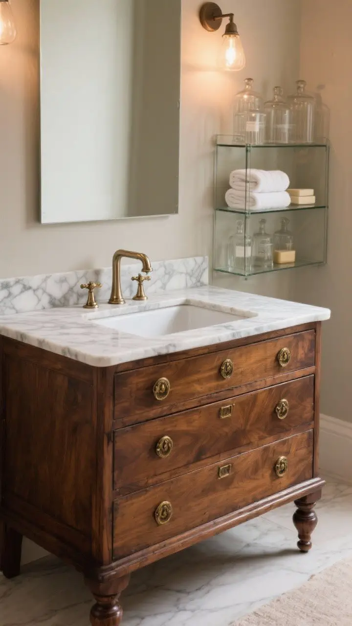 Medium shot of a furniture-style vanity converted from a vintage walnut dresser with turned legs and inset panels, topped with a marble slab; features an undermount sink, polished nickel faucet, and antique brass drawer pulls; to the side, glass-front apothecary shelves hold neatly folded towels and soaps; background wall is neutral, letting the rich wood tone and stone veining stand out; warm ambient lighting enhances the patina.