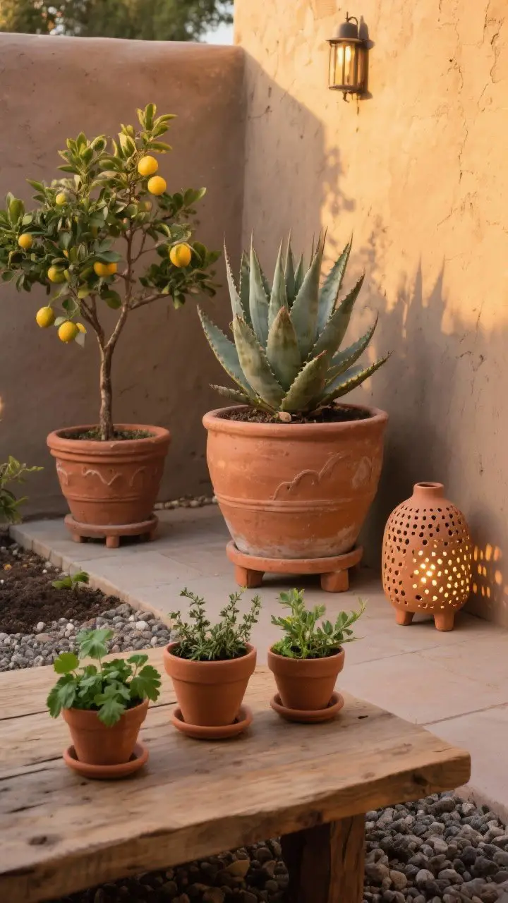Medium shot of a handcrafted clay and terracotta grouping on a patio: large terracotta planters on pot feet with an agave and a dwarf citrus tree along the perimeter, a trio of mini clay pots on a wooden table holding cilantro, oregano, and epazote, and perforated clay lanterns casting dappled patterns; visible well-draining soil and gravel topdressing; warm golden evening light; earthy, imperfect surfaces; corner angle.