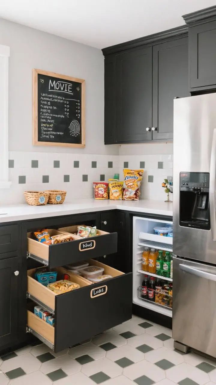 Medium shot of a kid-approved yet stylish zone: fingerprint-resistant stainless or matte black appliances, soft-close drawers open to show dividers with snacks and lunch prep items, open cubbies with labeled baskets (one per kid), a fridge stocked with grab-and-go drinks. Peel-and-stick vinyl tile squares under the snack area and a wall-mounted magnetic chalkboard with a simple movie-night menu. Bright, durable, family-friendly.
