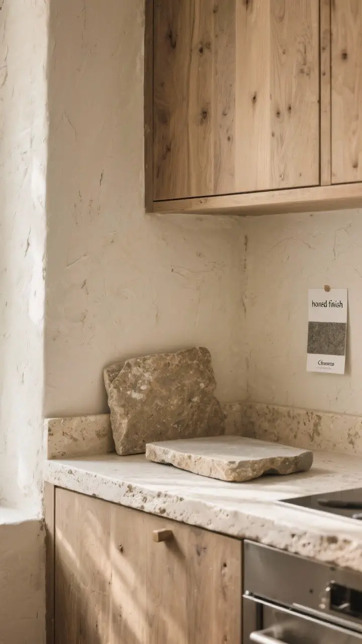 Medium shot of a kitchen corner emphasizing natural materials: honed limestone countertop with subtle wear, soapstone cutting slab, matte-finish oak cabinetry (no gloss), limewash/textured plaster walls glowing softly; visible small scratches and patina on wood and stone; a note card reading “honed finish” by a Caesarstone sample; warm, diffused daylight highlighting texture; authentic, aged feel.