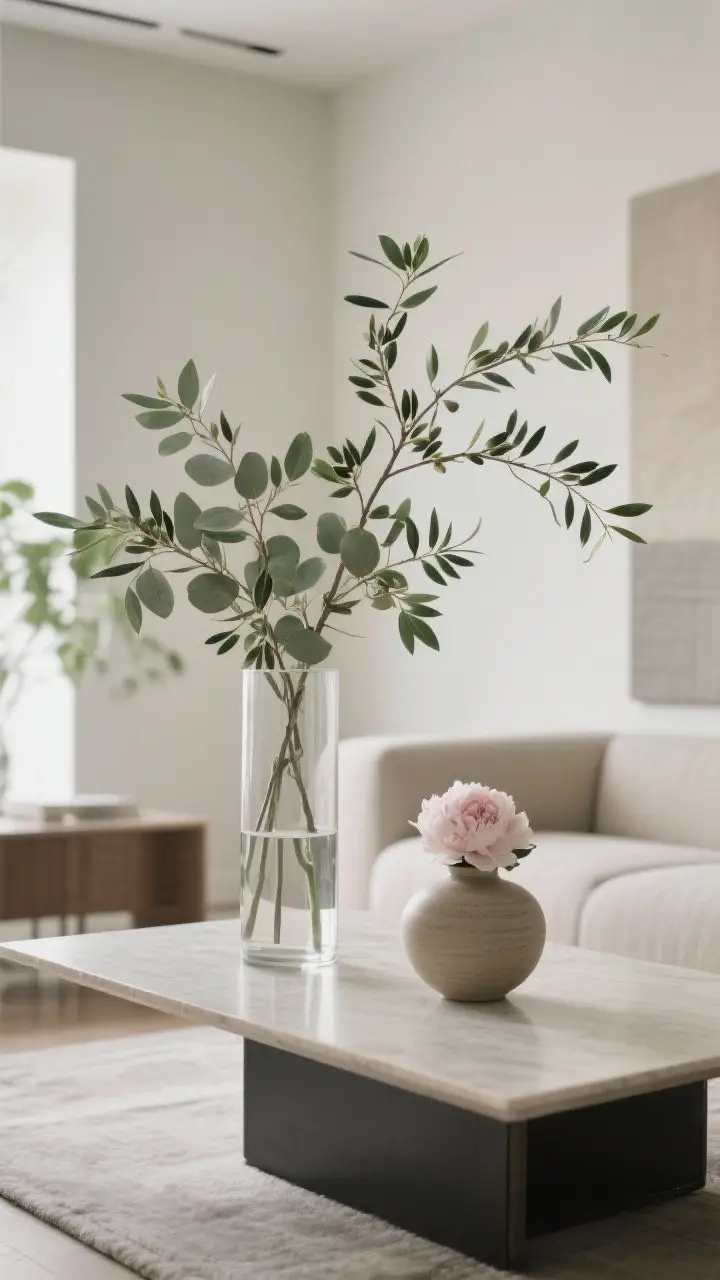 Medium shot of a larger rectangular coffee table with a slender tall glass vase holding airy eucalyptus and olive branches for height; alongside, a low ceramic vase with a single peony; modern living room backdrop; neutral tones with fresh green accents; emphasize movement of branches and “effortlessly chic” vibe; side-angle perspective to show height without blocking sightlines.