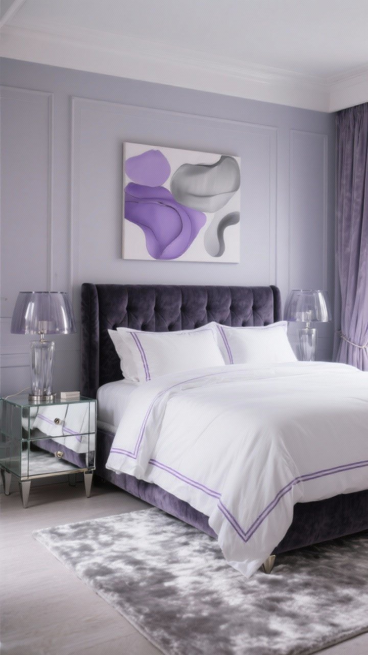 Medium shot of a lavender grey dreamscape bedroom; whisper-soft lavender grey walls that read mostly grey; charcoal velvet headboard; smoked glass lamps; crisp white bedding with subtle lavender piping; silk-blend curtains; plush silver rug; glass-and-nickel hardware; abstract art in lilac, pewter, dove grey; mirrored nightstand reflecting light; ethereal, restful glow; photorealistic.