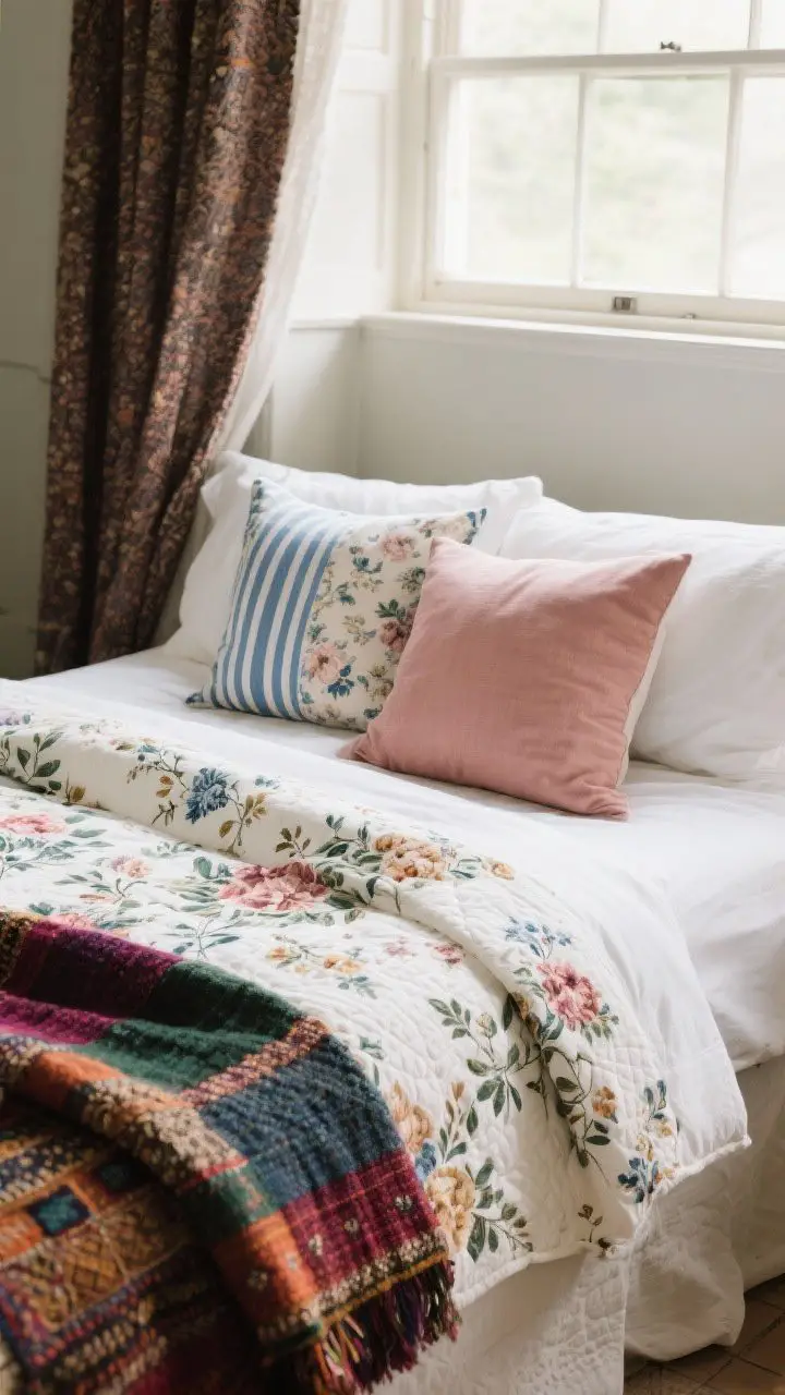 Medium shot of a layered bedscape focused on textiles: a floral toile duvet as the star, a folded quilt or white matelassé at the foot for texture, crisp white percale sheets peeking out, and patterned pillows mixed—thin blue stripe, soft floral, and one solid muted blush. Drape a colorful vintage kantha or a deep-toned Welsh blanket across a corner for authenticity. Soft diffused window light highlighting fabric weave; neutral background; no people.