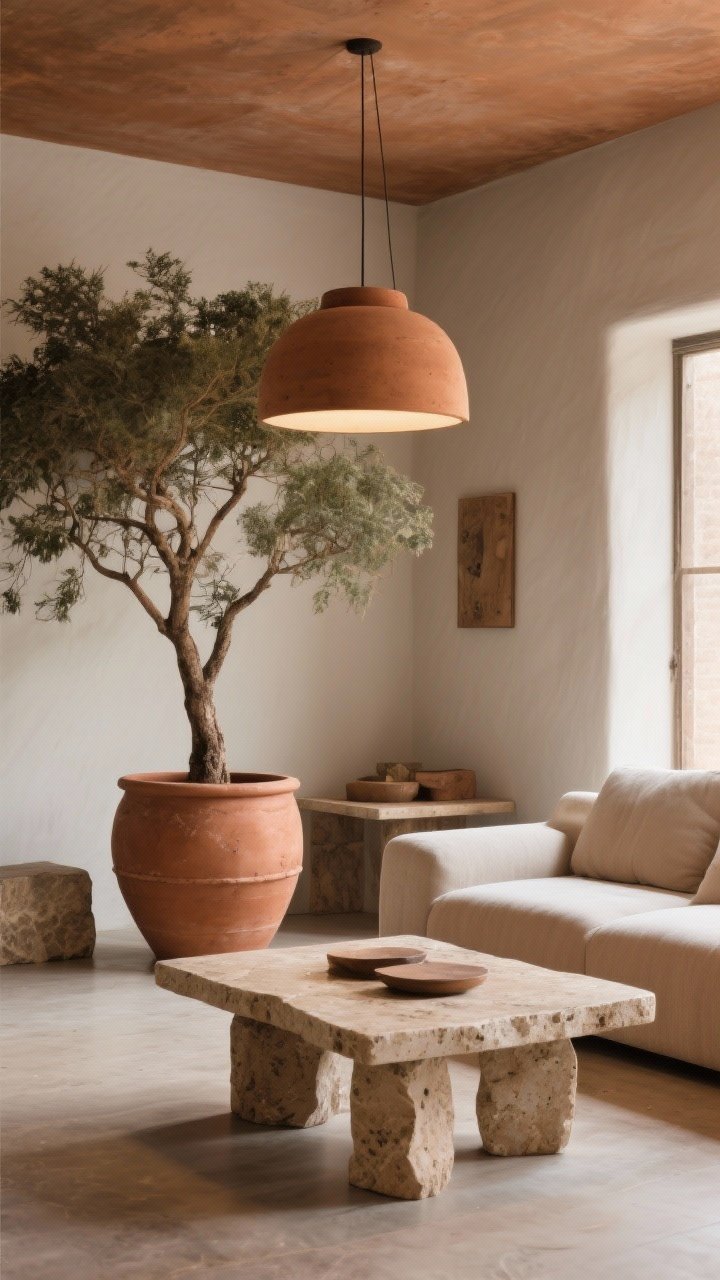 Medium shot of a living area showcasing clay, terracotta, and stone: oversized terracotta pot with an indoor tree, a chunky-leg travertine coffee table, and a clay pendant lamp overhead casting warm light; mix of matte terracotta finish and polished stone for a grounded, sophisticated feel.