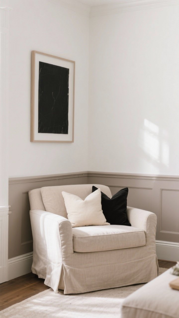 Medium shot of a living room corner with soft white walls and muted taupe trim, a slipcovered chair in oat fabric, pillows in beige, bone, and charcoal, and an off-black framed art piece; subtle contrast between creamy whites and warm greige; diffused afternoon light for softness; photorealistic, straight-on perspective.