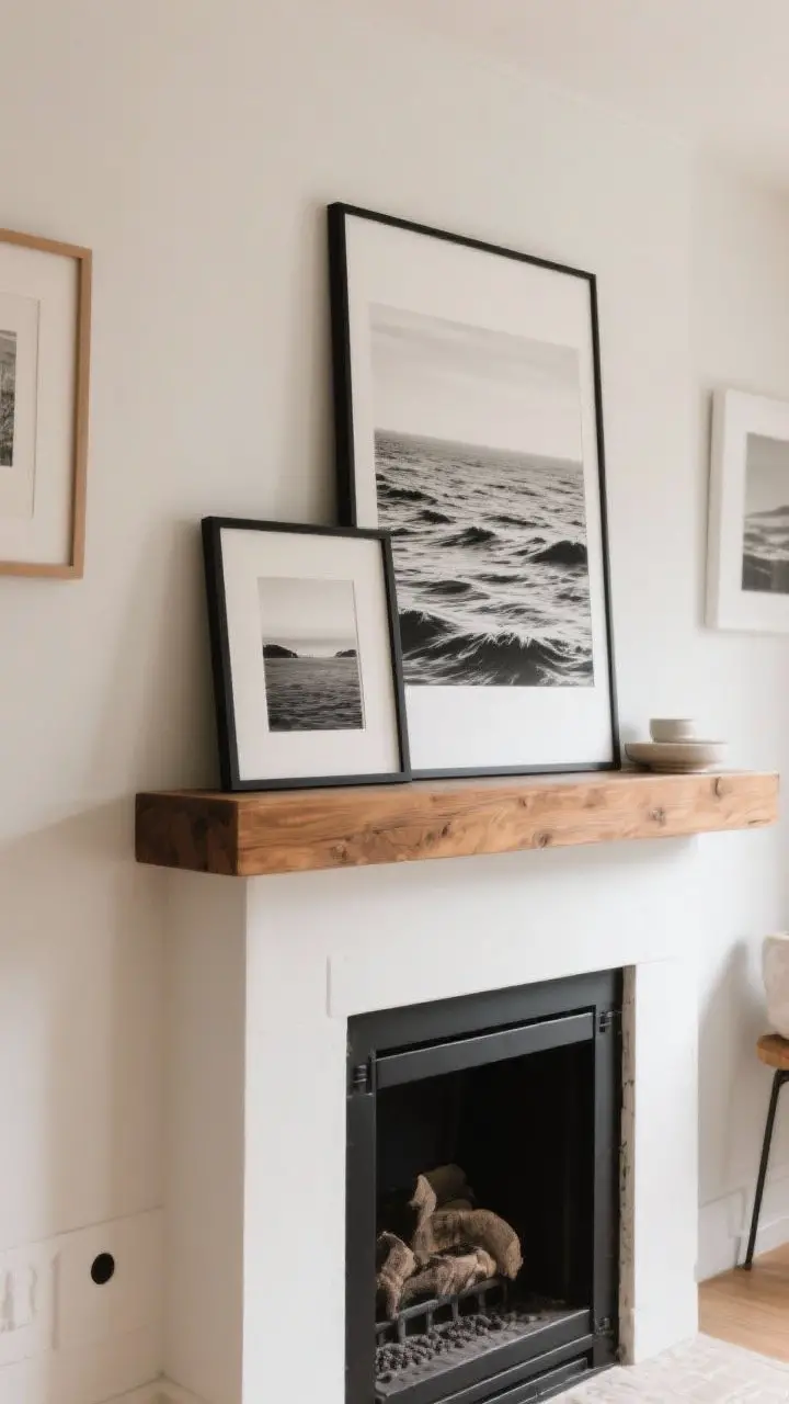 Medium shot of a mantel styled like a chill gallery wall: one larger art print leaned against the wall with a smaller piece overlapping, all resting on the mantel. Frames mixed—one warm wood, one black metal—unified by a cohesive color palette in the art (black-and-white ocean tones). Soft natural light, no wall holes visible. Subtle decor at the edges to keep focus on layered art. Camera slightly angled from the corner for casual depth.