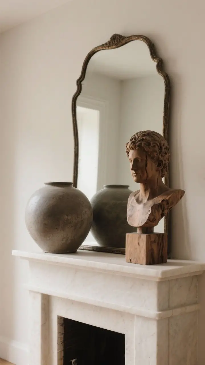 Medium shot of a mantel with sculptural statement objects only: a chunky ceramic vase and a vintage bust (or organic wood sculpture), both oversized for intentional scale. Pieces turned at slight angles for a lived-in feel. Behind them, an antique mirror adds tension with a contemporary form sculpture. Materials: matte ceramic, aged patina, raw wood. Neutral palette with subtle shadows, soft natural light. Camera at eye level.