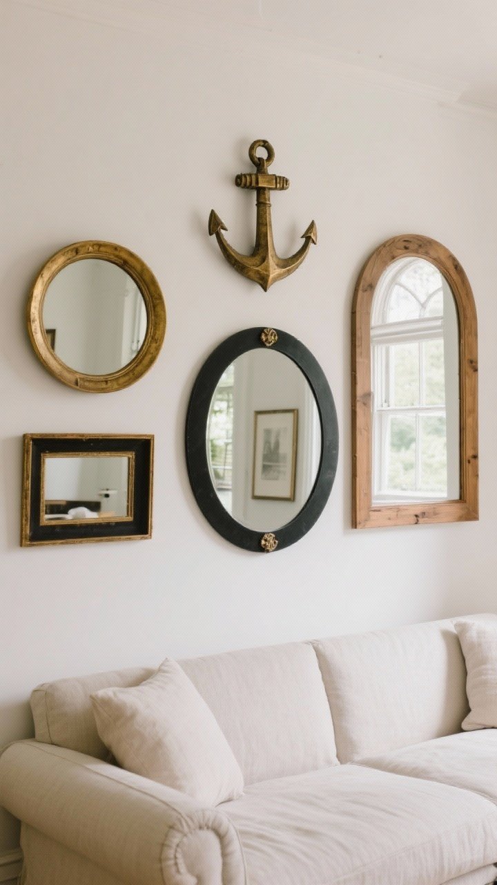 Medium shot of a mini mirror gallery behind the couch: one large anchor mirror flanked by two smaller ones. Mix shapes—round mirror to soften boxy lines, an arched mirror for architecture. Frames in antique brass, black, and wood to match hardware. Natural light bouncing; straight-on alignment with subtle reflections.