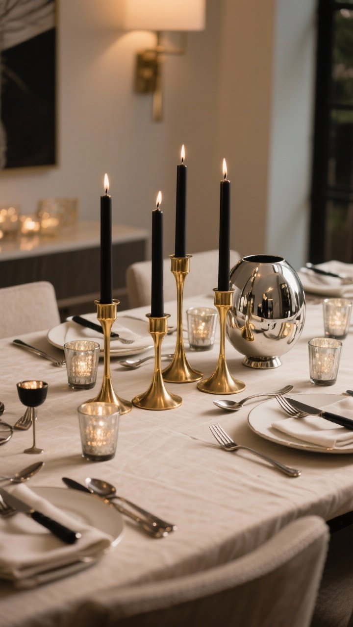 Medium shot of a mixed-metal dining vignette: brass candlesticks grouped in threes, matte black flatware at each place, and a chrome pitcher catching reflections; repetition of each metal at least three times via additional small chrome votives and black-handled serving pieces; neutral table linens to let the metals shine, soft warm evening light for subtle gleam.