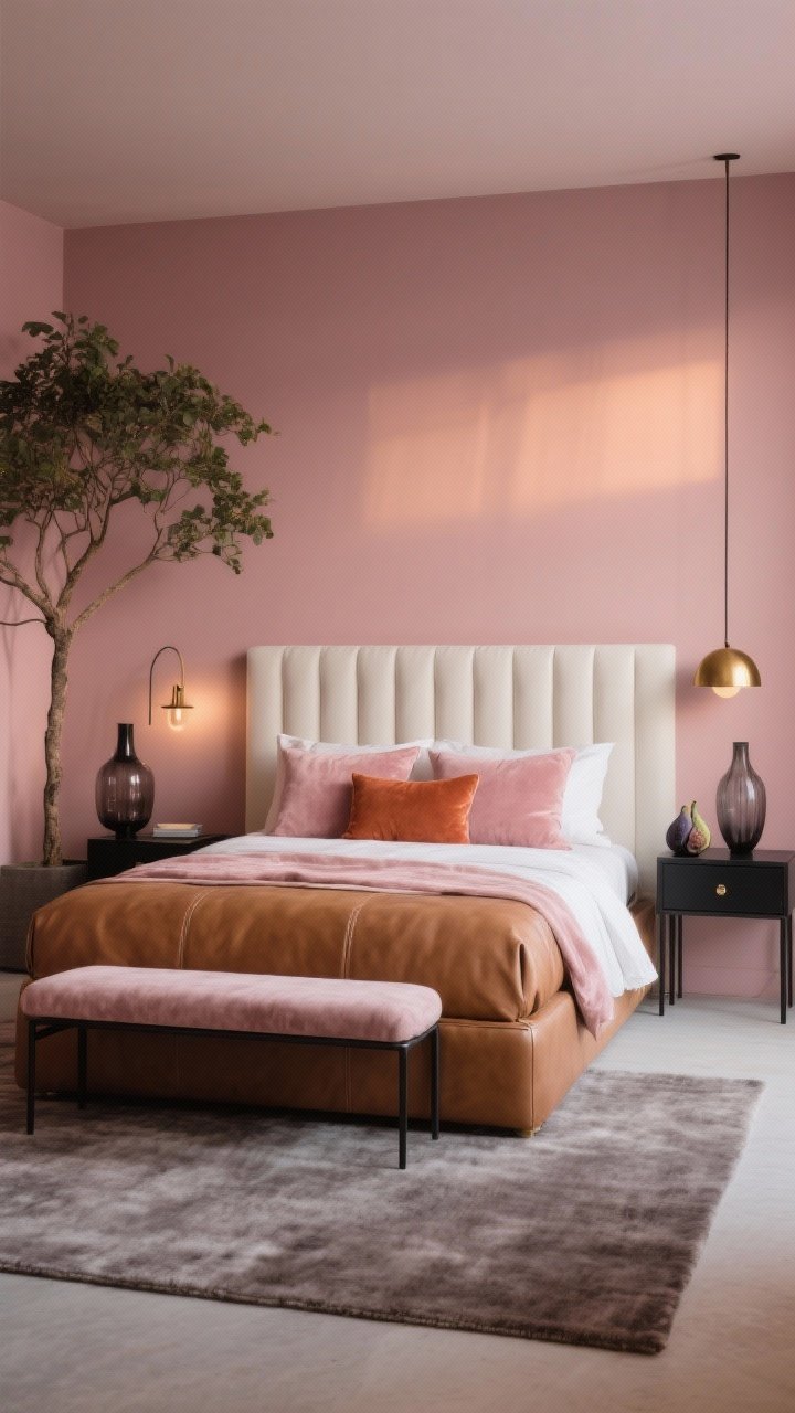 Medium shot of a modern romantic bedroom in dusty rose walls with muted earthy undertones; camel leather bed (or ivory channel-tufted headboard option) paired with matte black metal nightstands; low streamlined bench at foot of bed; blush velvet pillows, off-white sateen sheets, terracotta lumbar cushion; brass dome sconces; smokey glass vases; a fig tree adding height; warm grey wool rug underfoot; soft, glowy evening light; photorealistic.