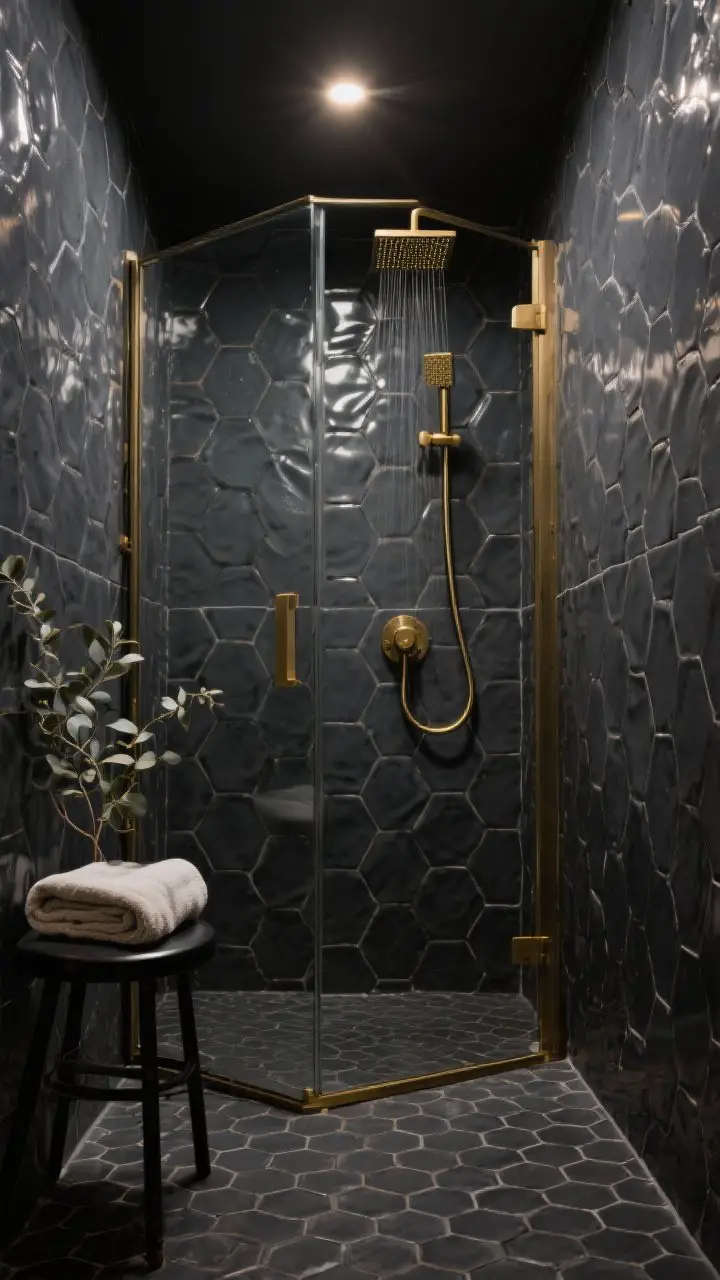 Medium shot of a moody charcoal box shower lined in glossy charcoal zellige tiles with hand-fired ripples and near-matching grout, honed charcoal hex mosaic floor with gentle curve, brushed brass square rain head, slender hand shower, precise thermostatic control; single fixed glass screen held by a brass U-channel; dimmable recessed downlight casting a warm brass glow; styled with a blackened steel stool, folded linen towel, and a eucalyptus sprig; corner angle to capture depth and reflections.