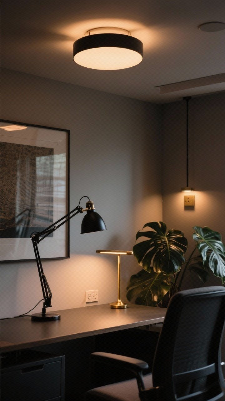Medium shot of a moody office corner showcasing layered lighting: a shaded semi-flush ambient ceiling fixture, a black swing-arm task lamp on the desk, and a brass picture light washing a framed artwork; a tiny up-light tucked behind a leafy plant adds drama; all bulbs warm 2700K–3000K with visible dimmer switches; glow not glare, with soft pools of light defining zones.