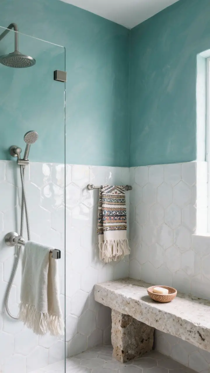 Medium shot of a muted watery teal wall (with gray undertone) paired with white Zellige tile, brushed nickel fixtures, and a stone bench inside a glass shower; artisanal touches include a fringed Turkish towel and hand-thrown soap dishes; clean, bright spa lighting with soft reflections on tile.