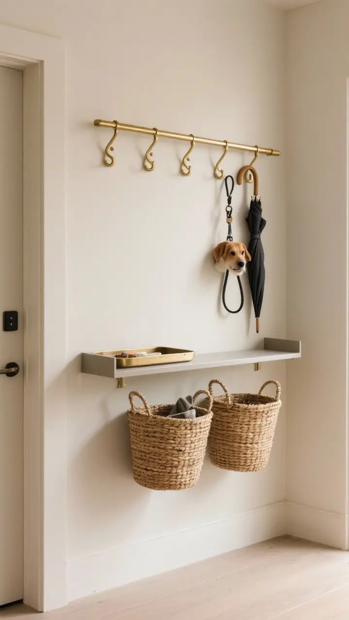 Medium shot of a practical drop zone on a landing wall: sturdy brass hooks aligned neatly with a minimal rail above holding S-hooks for a dog leash and umbrella. A slim wall shelf with a matching tray and two woven baskets to corral small items. Neutral wall, streamlined styling, clear floor space, soft warm lighting for a welcoming functional feel.