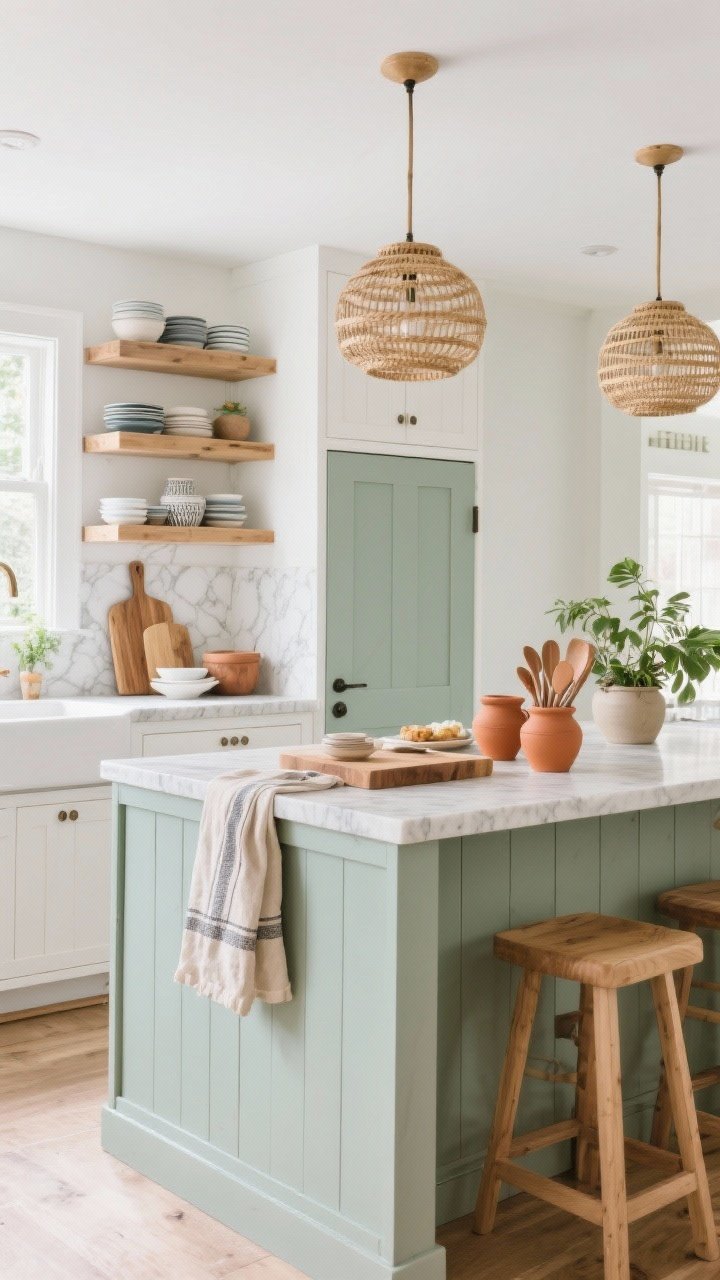 Medium shot of a relaxed, entertaining-ready kitchen: white oak cabinets, honed stone or soft-veined quartz countertops, open shelving with everyday dishes, ceramics, and a few plants; woven pendants or globe fixtures over the island; warm accents like wooden cutting boards, linen tea towels, terracotta utensil crocks; a pantry door or island in muted sage/seafoam; bright, inviting light, photorealistic, no people.