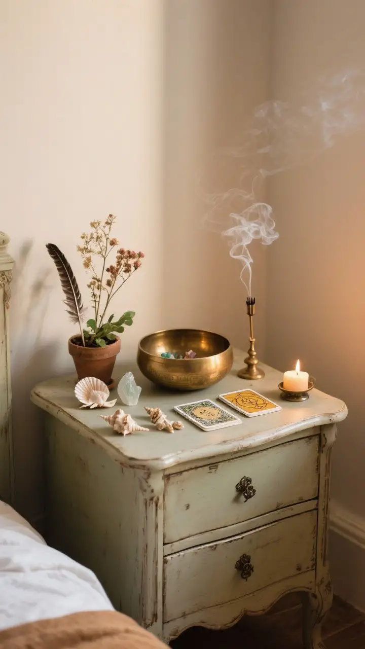 Medium shot of a sacred nook/altar setup: a vintage nightstand used as a surface with a tidy catch-all brass bowl, crystals, tarot deck, incense holder with a thin smoke trail, a small potted plant and dried flowers, feathers, seashells, and a single candle or oil burner lit; background kept minimal to feel intentional and curated; warm, focused lighting, no people, photorealistic.