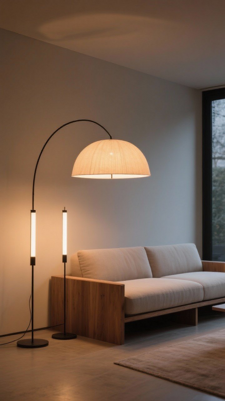 Medium shot of a sculptural statement floor lamp behind the couch: an arched lamp creating a canopy over the seating area; alternatively, two slim floor lamps for symmetry behind a long sofa. Use warm bulbs (2700–3000K). Minimalist setting with soft wood tones and neutral upholstery; evening ambiance; angled view to capture the arc and glow.