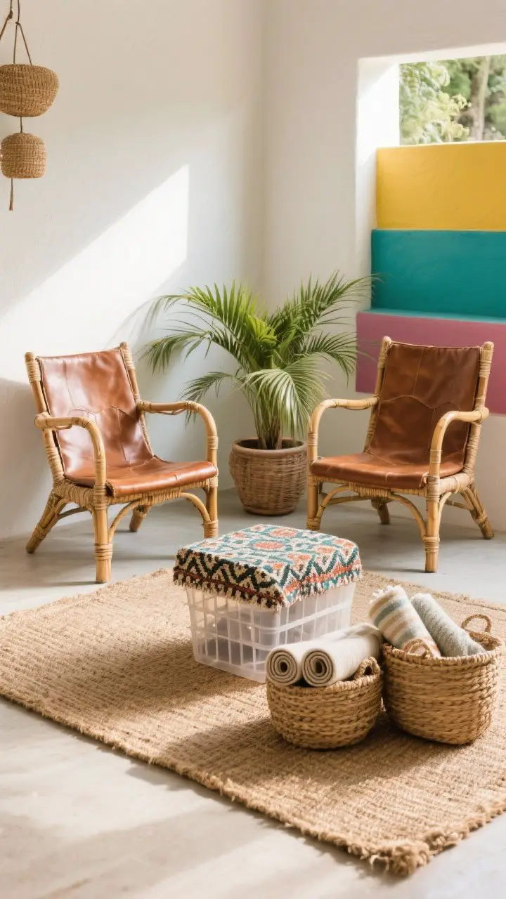 Medium shot of a seating nook balancing color and natural texture: a pair of classic equipale chairs with pigskin/leather and woven palm bases, an outdoor jute rug layered under a smaller patterned rug, and palm baskets holding rolled throws and concealing a plastic planter; surrounding colorful accents kept minimal to let the fibers ground the space; soft morning light; diagonal perspective.