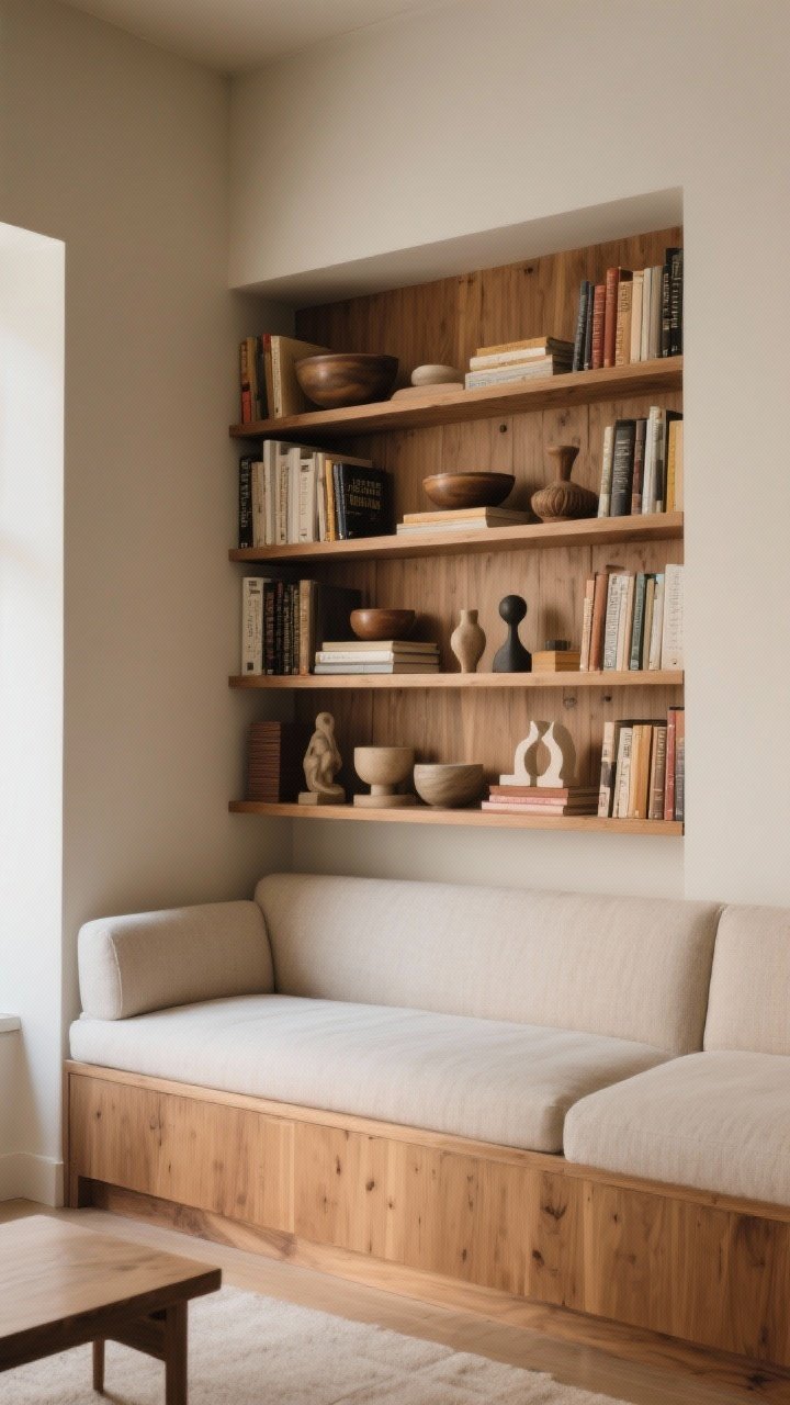 Medium shot of a shallow, low bookcase behind the couch forming a cozy library nook. Books arranged horizontally and vertically, mixed with bowls, bookends, and small sculptures, leaving 20–30% negative space. Warm wood, muted spines for color; soft reading light; straight-on view to showcase styling balance.