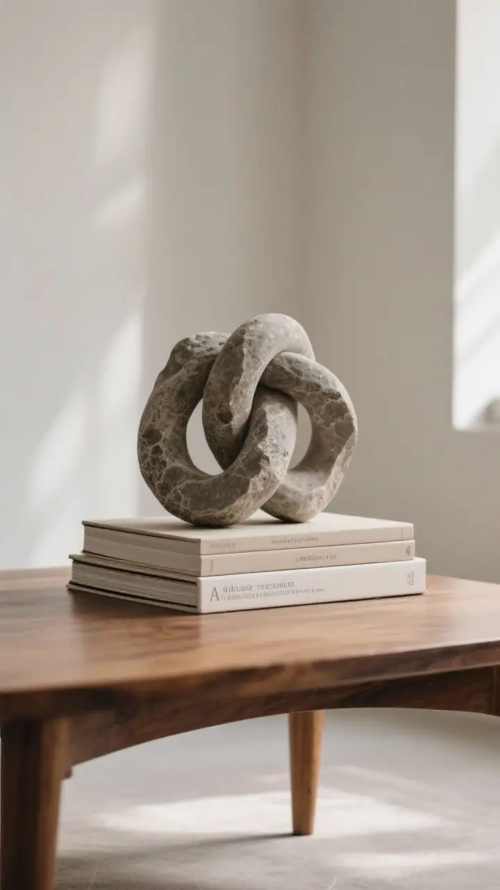 Medium shot of a single bold sculptural object—an abstract stone knot—placed atop a neutral book stack on a wood coffee table; sparse surrounding surface to let it shine; contrasting material pairing (stone on wood); soft daylight from the side creating gentle shadows that sculpt the form; minimal, gallery-like mood.