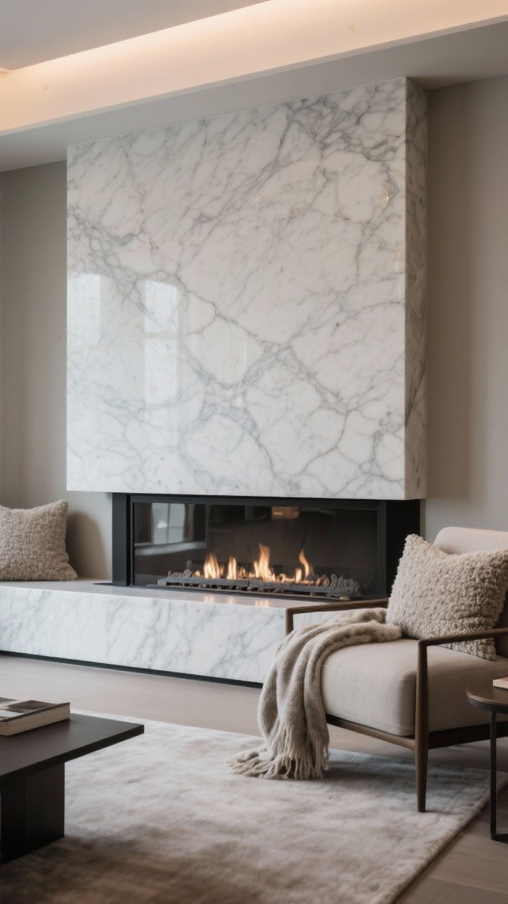 Medium shot of a sleek slab-stone fireplace surround in honed marble with subtle veining, extending seamlessly to a matching slab hearth; minimalist, low-profile mantel or no mantel; contemporary furnishings with added texture from bouclé pillows and a wool throw on a nearby chair; calm, boutique-hotel mood with soft, indirect lighting; photorealistic, straight-on composition emphasizing clean lines.
