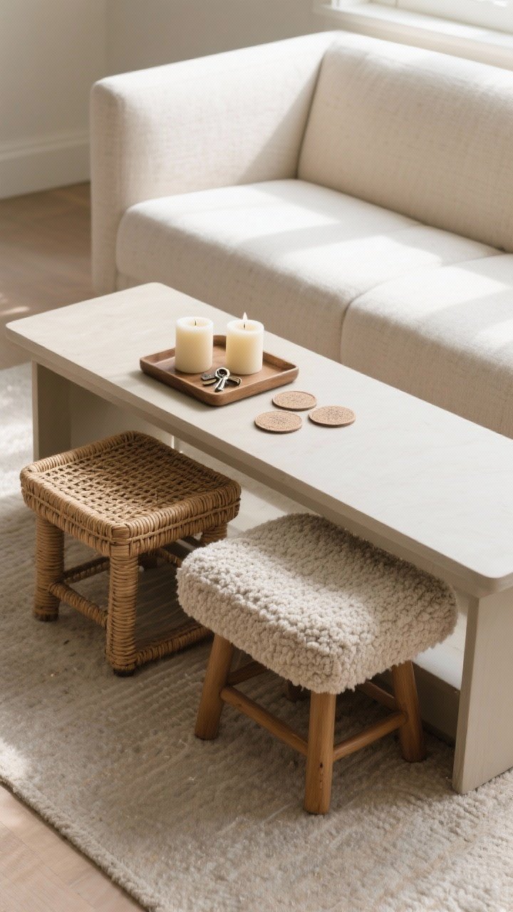 Medium shot of a sofa table directly behind a couch with two backless stools tucked neatly underneath; stools in contrasting textures—one rattan, one boucle, another option in leather. Table length closely matches the sofa within 6 inches on each side. Top styled with a tray holding candles, coasters, and keys. Neutral palette with texture contrast; soft afternoon light; corner angle to show tuck-under function.