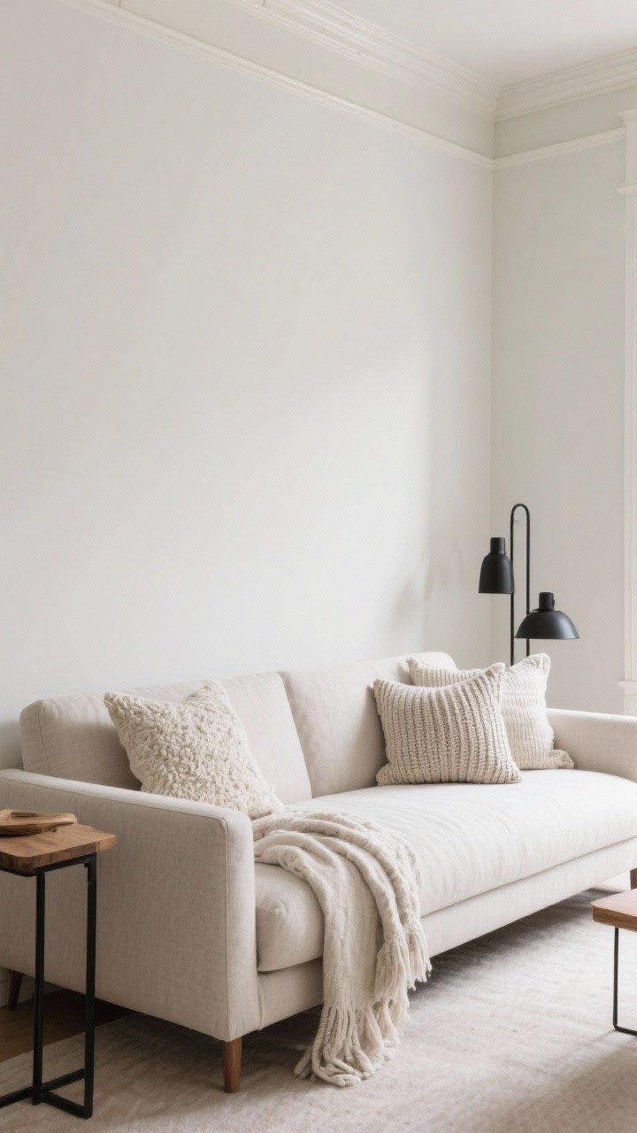 Medium shot of a sofa vignette against walls painted warm white/greige with ceiling and trim one shade lighter; light to mid-tone upholstered sofa layered with tone-on-tone textures—linen, boucle, and knit throws/pillows; accents in black metal and natural wood add grounded contrast; daylight enhances the soft, airy palette without feeling bland.
