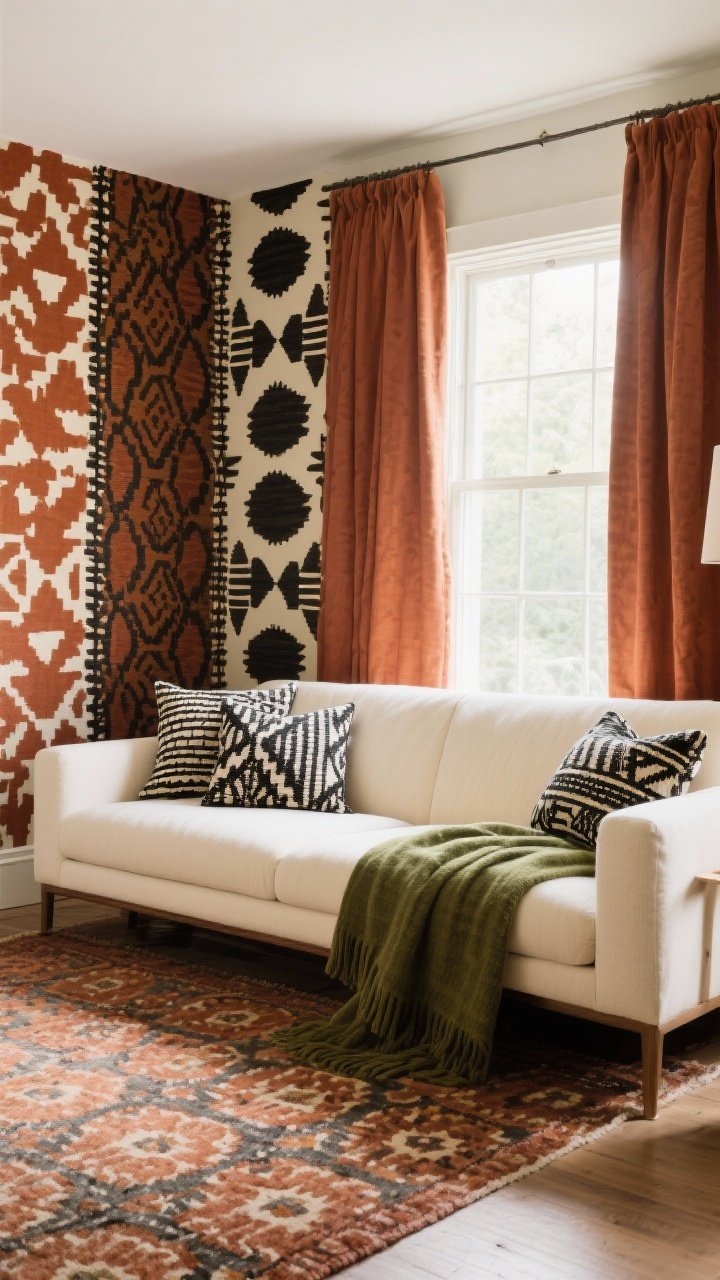 Medium shot of a sofa wall demonstrating pattern mixing: color palette of rust, cream, olive, and black repeated across textiles; large-scale patterned rug on the floor, medium-scale patterned clay-toned curtains framing a window, and small-scale patterned pillows (mudcloth-inspired black-and-white) on a cream sofa; include a solid olive throw to break up patterns; soft natural lighting for clarity and balance