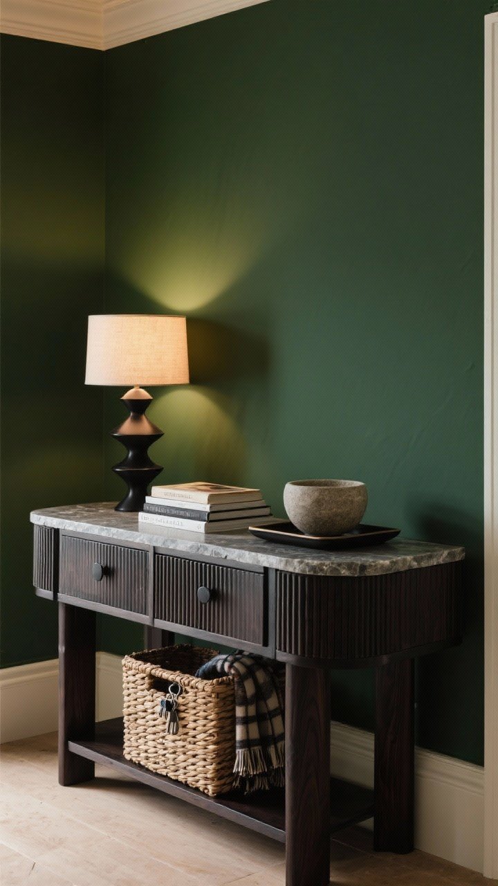 Medium shot of a statement entry console that grounds the space: an ebonized oak console with fluted fronts and a honed stone top set against a deep forest green wall. Style with balanced heights—one sculptural lamp, a stack of books, and a low stone bowl/tray. Mix materials: blackened metal accents, ceramic vessel, and wood. Closed woven basket storage tucked below for keys and scarves. Warm, directional lighting emphasizes the console’s heft.