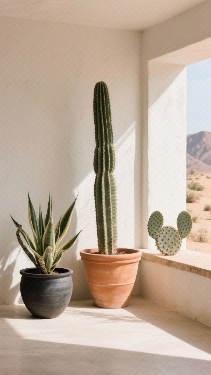 Medium shot of a sunlit corner with desert greenery: a tall columnar cactus in an oversized terracotta pot as the focal point, a snake plant in a black clay planter for contrast, and a paddle cactus on a nearby ledge; clean plaster backdrop, restrained composition, bright natural daylight with crisp shadows.