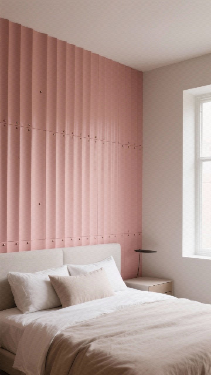 Medium shot of a tone-on-tone fluted panel accent wall painted clay pink, showing rhythmic shadows across the ribs; modern bed with neutral linens; clean installation with brad nails and adhesive invisible; side light from a window enhances texture and depth; sleek, contemporary feel without busy pattern.