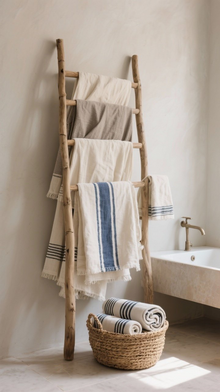 Medium shot of a towel ladder against a neutral bathroom wall: multiple lightweight Turkish peshtemals draped in layers—ivory, sand, slate with one bold indigo accent stripe—plus a matching hand towel by the sink; a woven basket on the floor with neatly rolled striped peshtemals; soft natural light, spa-like calm, focus on texture and drape.