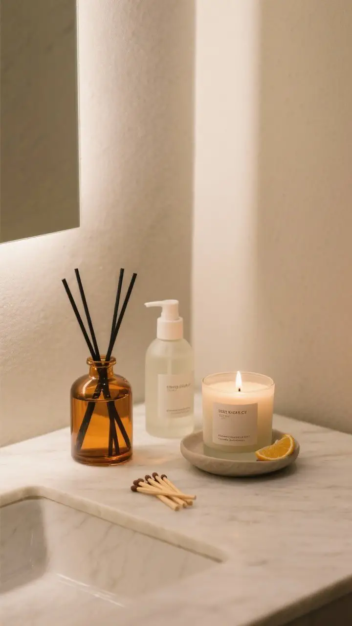 Medium shot of a vanity corner styled for scent: an amber-glass reed diffuser, a minimalist room spray bottle, and a candle with wooden matches in a small dish; fragrance cues suggest citrus and cedar; subdued, calm atmosphere with gentle warm lighting that feels subtle, not overpowering.