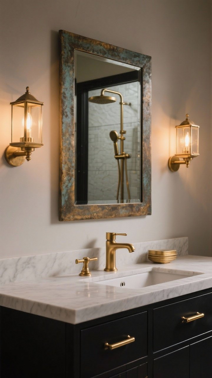 Medium shot of a vanity wall showcasing warm metals: brushed brass faucet and matching shower fixture glimpsed in the mirror, patina-finish mirror frame, and brass vanity handles; lantern-style sconces emitting soft, flattering glow; restrained palette with brass paired subtly with matte black accents for a modern twist; evening ambient lighting.