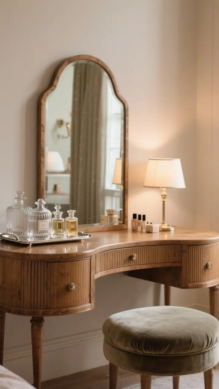 Medium shot of a vintage vanity setup with Old-Hollywood flair: a curved-front wooden dressing table with fluted details, an arched vintage mirror, and an upholstered stool in muted velvet. Style with glass apothecary jars, a polished silver tray holding perfume bottles, and a petite lamp for a soft glow. Cream walls, soft evening light; include small drawers and a few neatly stowed beauty items; no people.