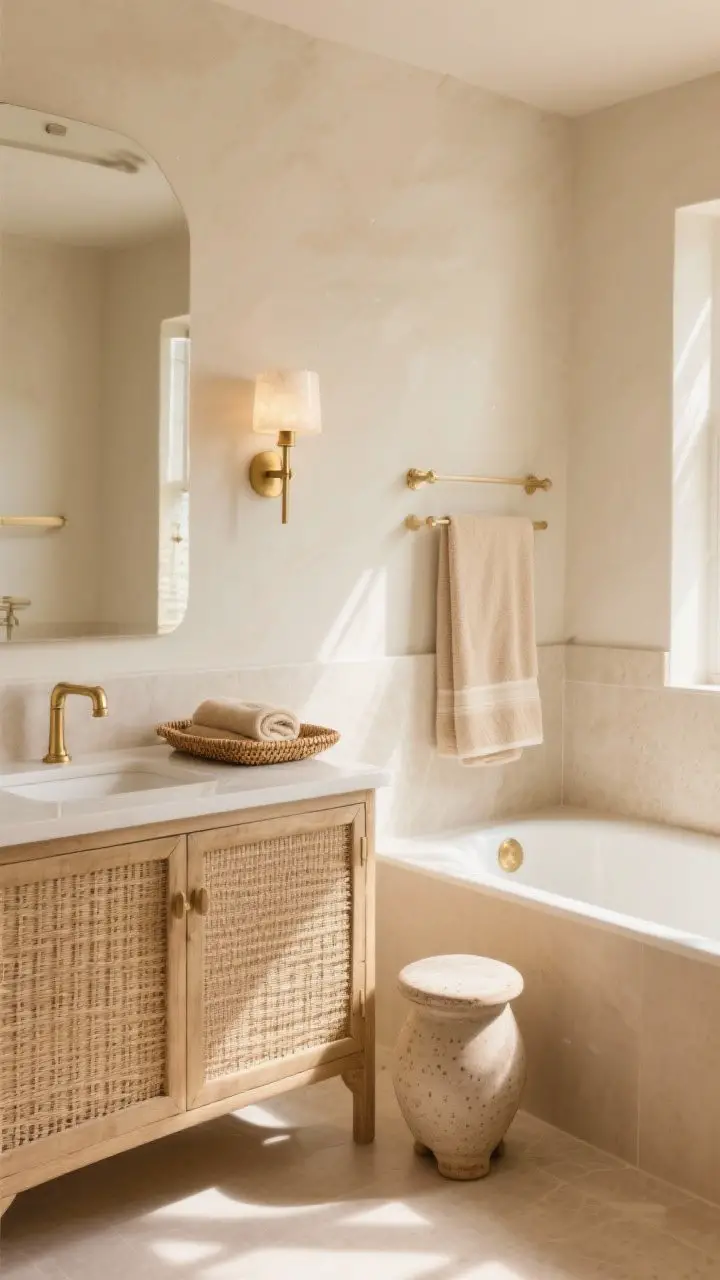 Medium shot of a warm sand beige bathroom with a cane-front vanity, brushed gold hardware, alabaster sconces casting a gentle glow, styled with a rattan tray, oat-colored towels, and a ceramic stool beside the tub; sunlit coastal spa feel with warm, natural light.