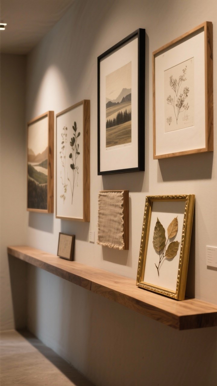 Medium shot of an art wall with earthy mood: a gallery ledge displaying landscapes, abstract neutrals, and botanical sketches; frames mixed in wood, black, and brass with consistent palette; some pieces use linen or raw-edge matting; a small frame of pressed leaves adds a personal touch; warm ambient lighting, photorealistic.