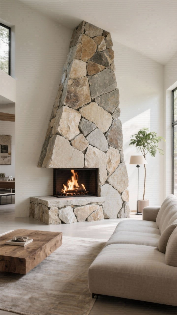 Medium shot of an asymmetrical fireplace: off-center firebox with a stone surround that extends more to one side; the sofa floats parallel to the hearth to anchor the layout; a tall plant or slender floor lamp on the lighter side for visual balance; stone shapes vary but colors remain consistent and cohesive; modern, curated vibe with natural daylight; photorealistic, angled perspective emphasizing the asymmetry.