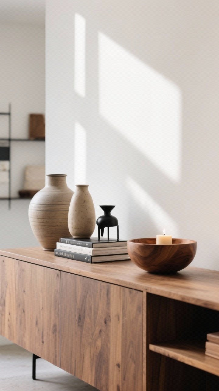 Medium shot of an edited console surface: only two groupings—one trio with varied height (ceramic vase, stacked books, small black metal object) and one pairing with a warm wood bowl and candle; repeated materials (wood, black metal, ceramic) echo in nearby decor; airy negative space; natural daylight; photorealistic, straight-on.