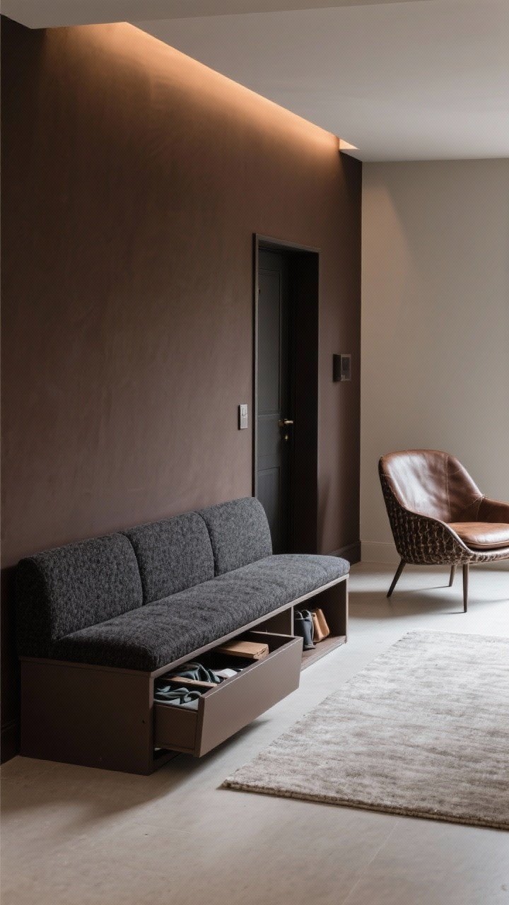 Medium shot of chic, cozy entry seating: a slim-profile upholstered bench in charcoal bouclé against espresso-painted walls, with a narrow footprint to keep pathways clear. Optional sculptural chair in textured leather nearby. Include lift-top bench storage slightly ajar showing neatly stowed items. Soft, indirect lighting for a plush, welcoming vibe.