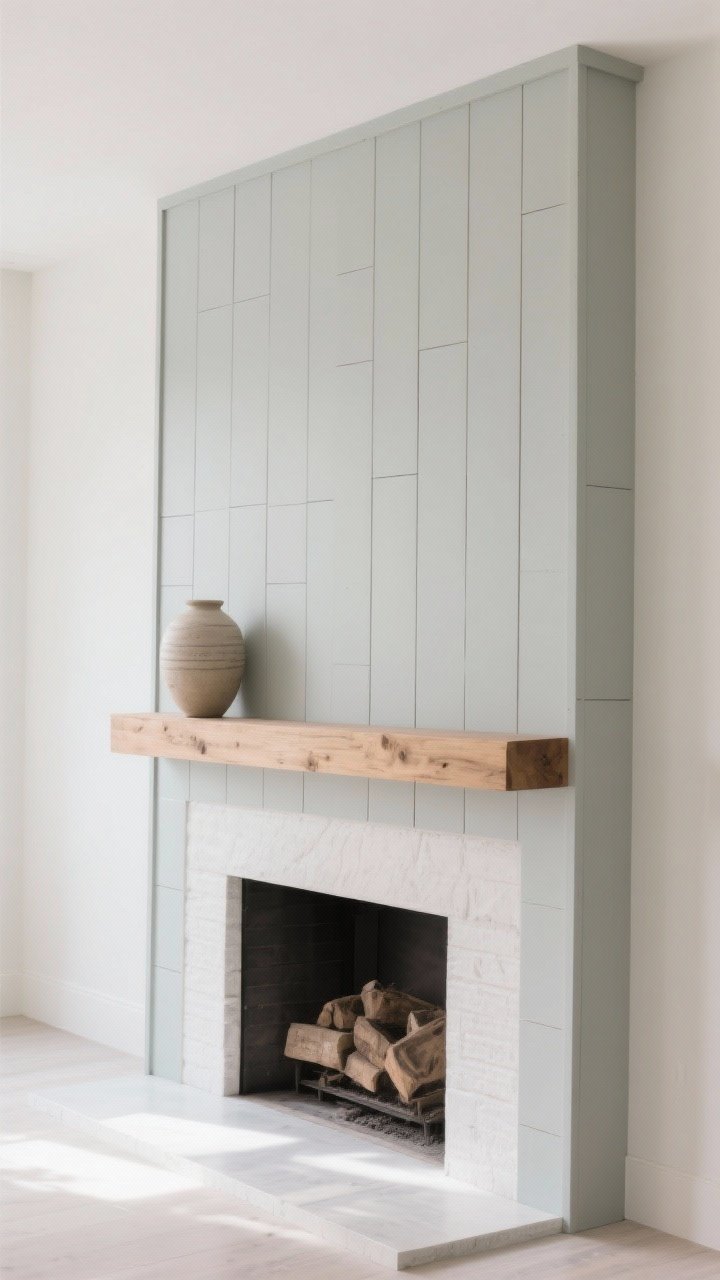 Medium shot of chic shiplap feature: vertical light greige shiplap around a fireplace surround with a simple natural wood mantle; restrained styling with a single ceramic vase; bright, even daylight enhancing height; photorealistic, straight-on view.