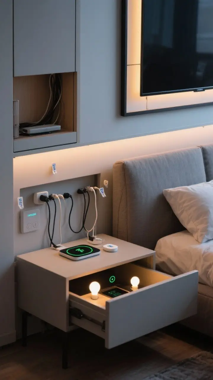Medium shot of concealed tech: Cable management with cord covers and adhesive clips hidden behind furniture; a wireless charger integrated into a nightstand or a charging dock inside a drawer; voice-controlled smart bulbs set warm; optional wall-mounted TV in a frame-style display or inside a closeable cabinet to reduce visual clutter. Evening light with minimal glare.