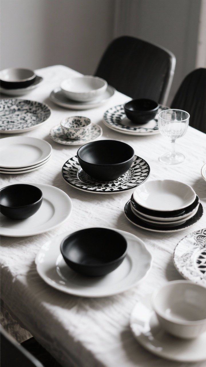 Medium shot of curated mismatched dinnerware: a monochrome story with assorted black-and-white patterned salad plates layered over solid black bowls on simple white dinner plates; alternative place setting nearby shows vintage patterned plates over modern plain dinner plates; material mix includes glass chargers and ceramic bowls; cohesive through color and consistent silhouette, soft diffused daylight.