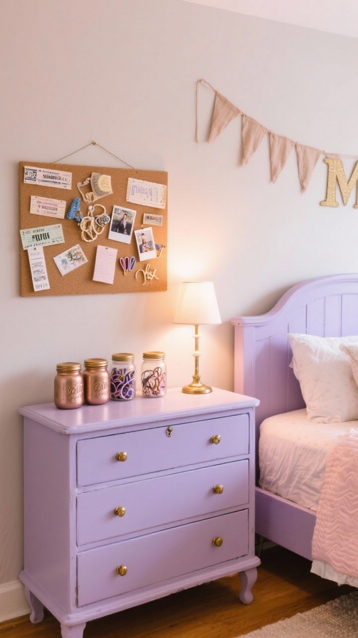 Medium shot of DIY custom touches: a freshly painted vintage dresser in muted lilac with cute brass hardware, a fabric name banner or monogram above the bed, a memory corkboard displaying tickets, photos, and keepsakes, and upcycled jars with spray-painted lids organizing hair ties and clips; cohesive color palette across projects (blush, lilac, brass accents); warm indoor lighting.
