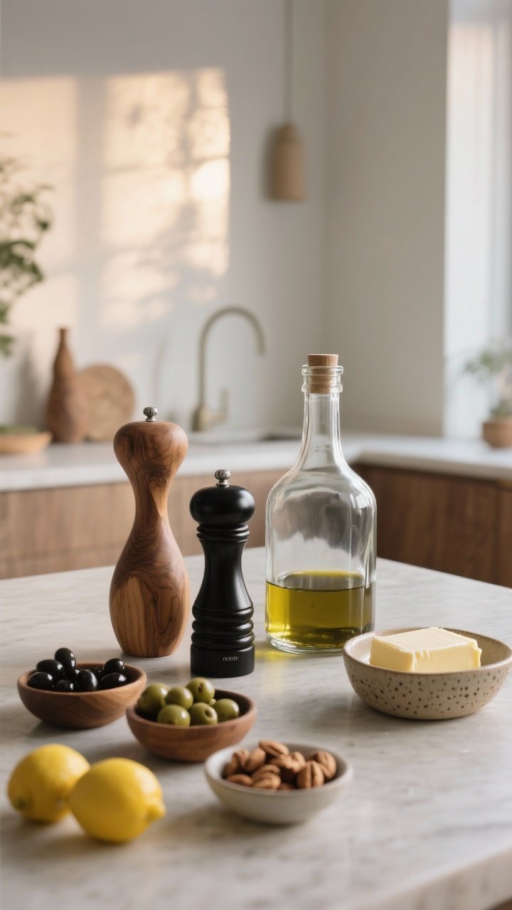 Medium shot of functional decor in use: sculptural wood and matte black salt and pepper mills, a clear glass and a smoky tinted decanter, and a ceramic butter dish next to an artisan olive oil bottle without labels; small bowls of olives, nuts, and a few lemons act as edible decor; lived-in chic, late afternoon natural light.