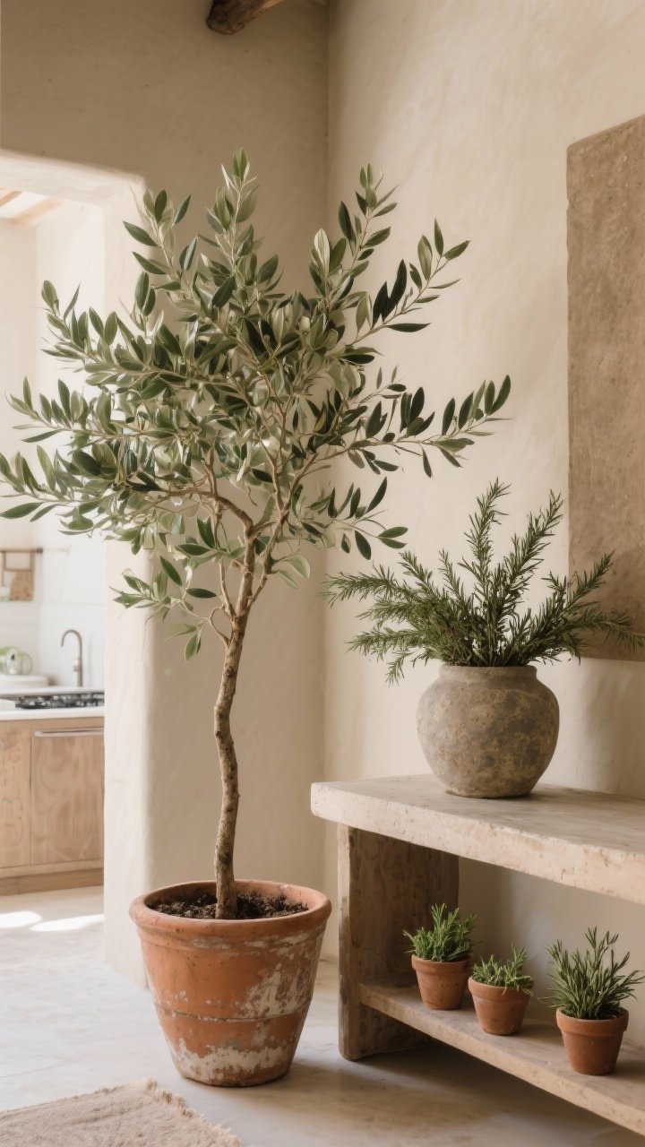 Medium shot of greenery-forward styling: a potted indoor olive tree in a weathered terracotta planter beside a console, eucalyptus branches in a stone crock as a centerpiece, and small rosemary herb pots on a nearby kitchen ledge; earthy tones, minimal decor; gentle natural light; photorealistic, three-quarter angle.