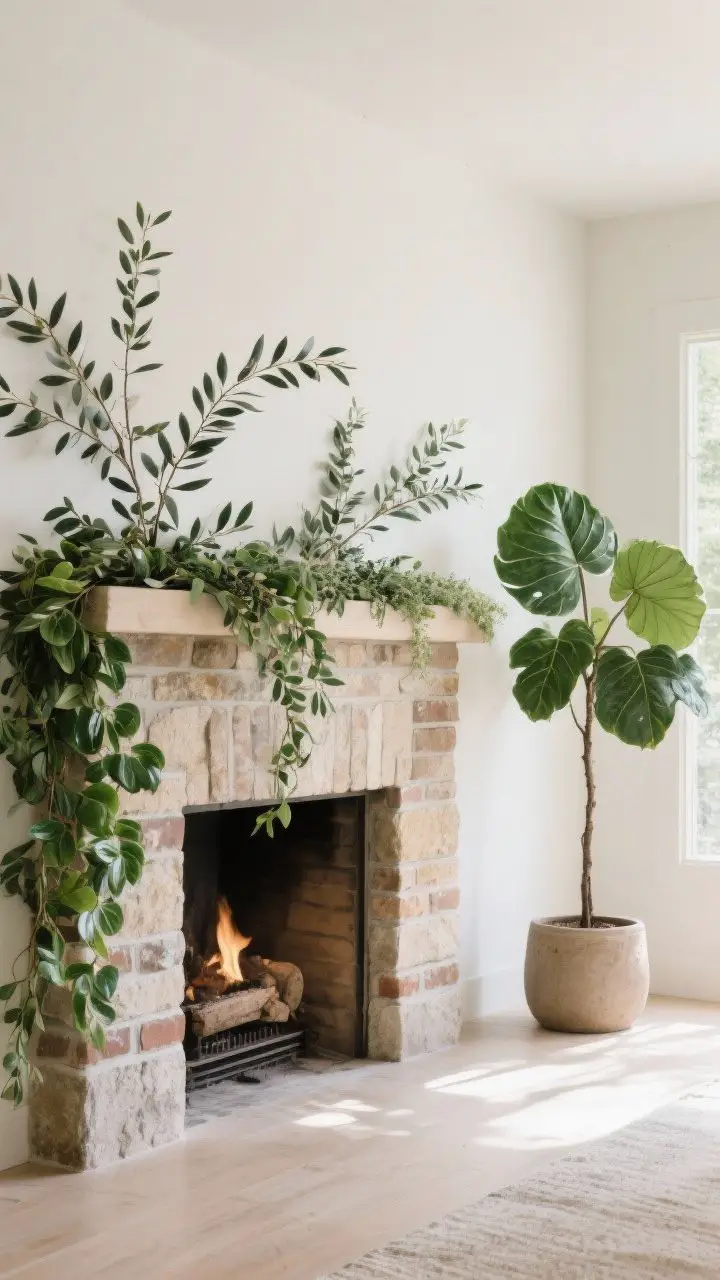 Medium shot of greenery softening a masonry fireplace: olive branches and eucalyptus stems arranged along the mantel, with a trailing pothos cascading over the edge. Beside the hearth, a tall floor plant like a fiddle-leaf fig as a statement. Surround in stone or brick reading slightly heavy, countered by fresh green tones. Option for high-quality faux stems that look real. Bright indirect daylight, camera at slight lower angle to emphasize height and softness.
