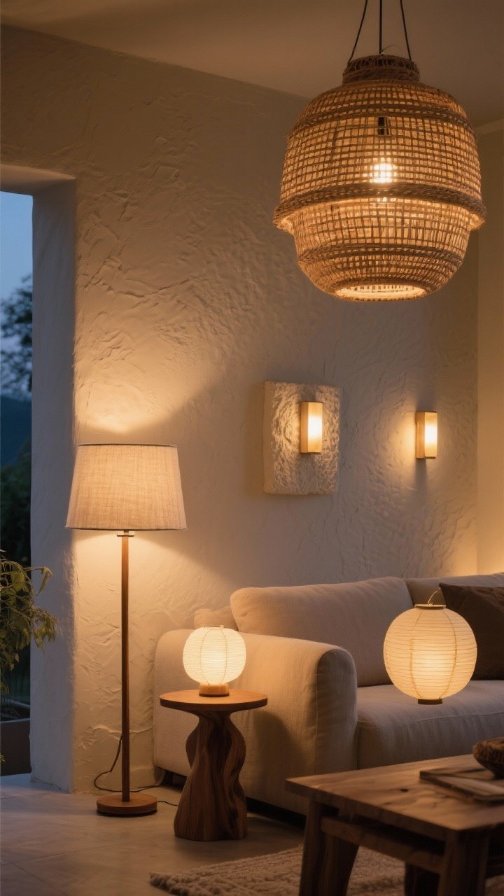 Medium shot of layered warm lighting: a rattan pendant overhead, a linen-shade floor lamp beside the sofa, and plaster sconces on a textured wall; wood lamp base on a side table; all bulbs glowing at 2700K–3000K for a cozy atmosphere; optional paper lantern softly illuminating a corner; evening ambience, photorealistic.